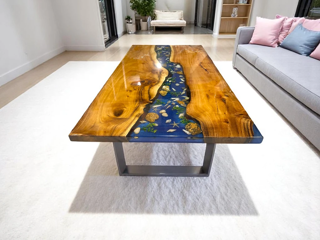 Epoxy Table Top For Sale with Iron Stand | Ocean Waves Inspired 